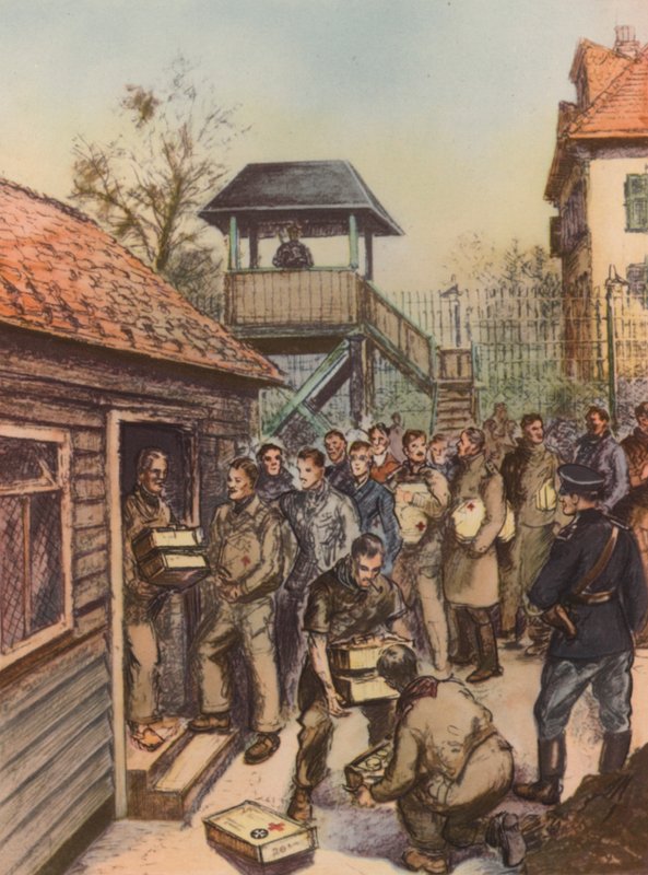 Spojenečtí váleční zajatci přijímající balíčky Červeného kříže v německém zajateckém táboře, druhá světová válka od English School