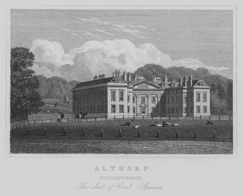 Althorp, Northamptonshire, Sídlo Earla Spencera (rytina) od English School