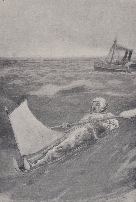Americký dobrodruh Paul Boyton překračující La Manche v gumovém obleku od English School