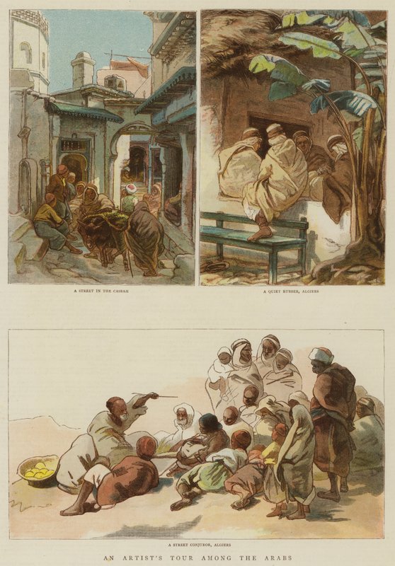 Umělcova cesta mezi Araby (barevná rytina) od English School
