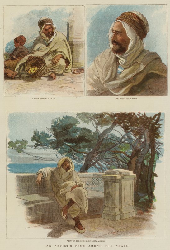 Umělcova cesta mezi Araby (barevná rytina) od English School