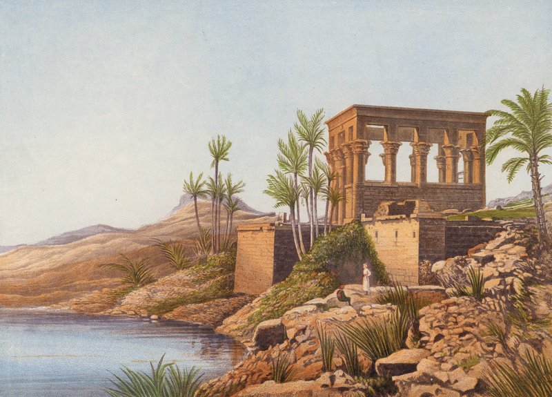 Egyptský chrám u řeky Nil, Philae (barevná litografie) od English School