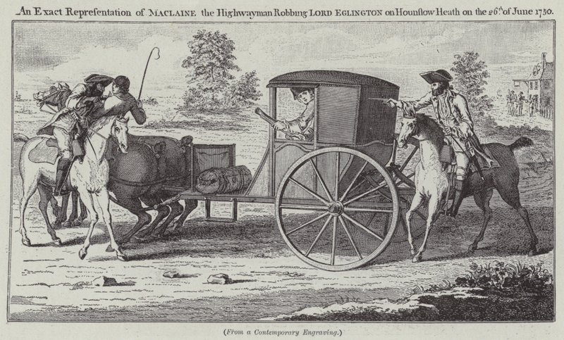 Přesná reprezentace Maclaina Highwayman okrádajícího lorda Eglingtona na Hounslow Heath dne 26. června 1750 (rytina) od English School