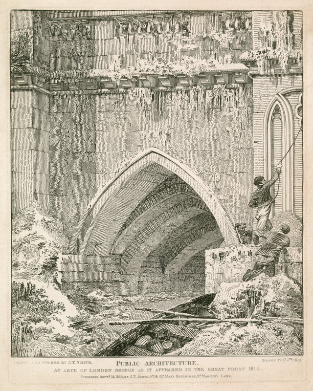 Oblouk starého London Bridge, jak se objevil za Velkého mrazu v roce 1814 od English School