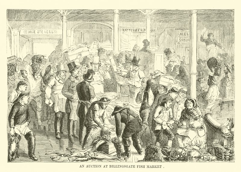 Aukce na rybím trhu Billingsgate od English School