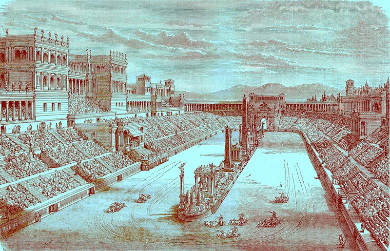 Ancient Arena Restored – Showing a Chariot Race, ilustrace z The Illustrated History of the World, publikovaná kolem roku 1880 (digitálně vylepšený obrázek) od English School