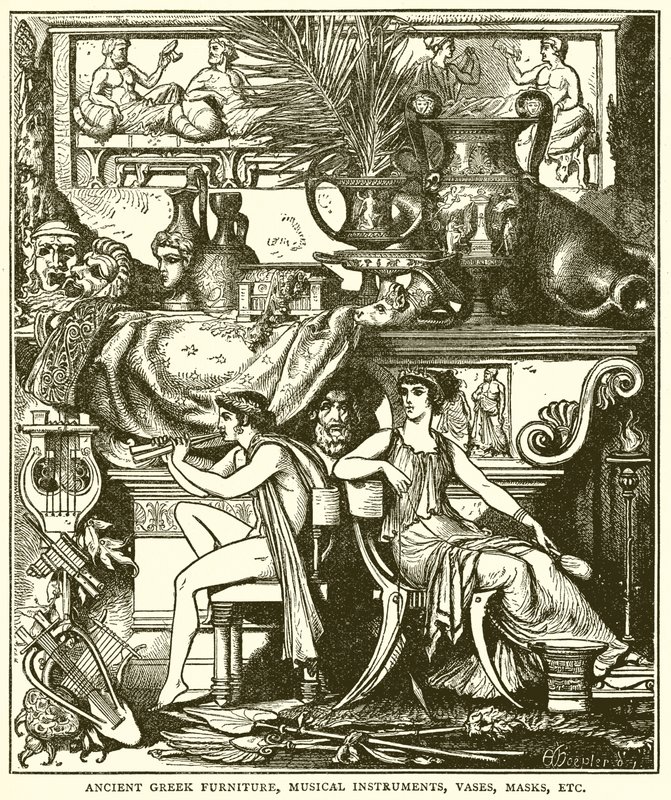 Starověký řecký nábytek, hudební nástroje, vázy, masky atd. (rytina) od English School