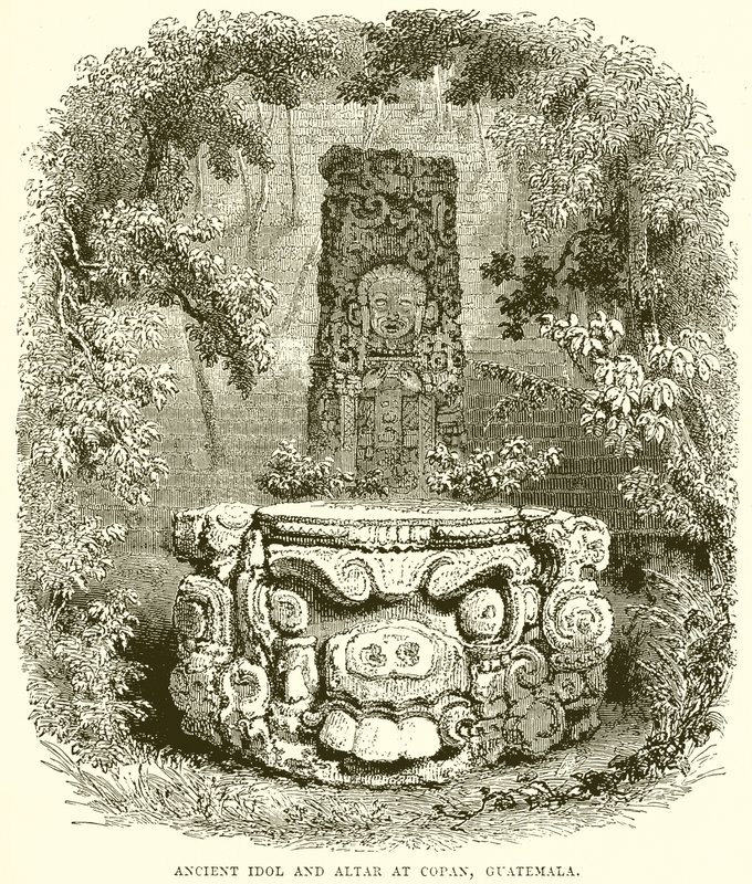 Starověký Idol a oltář v Copan, Guatemala od English School