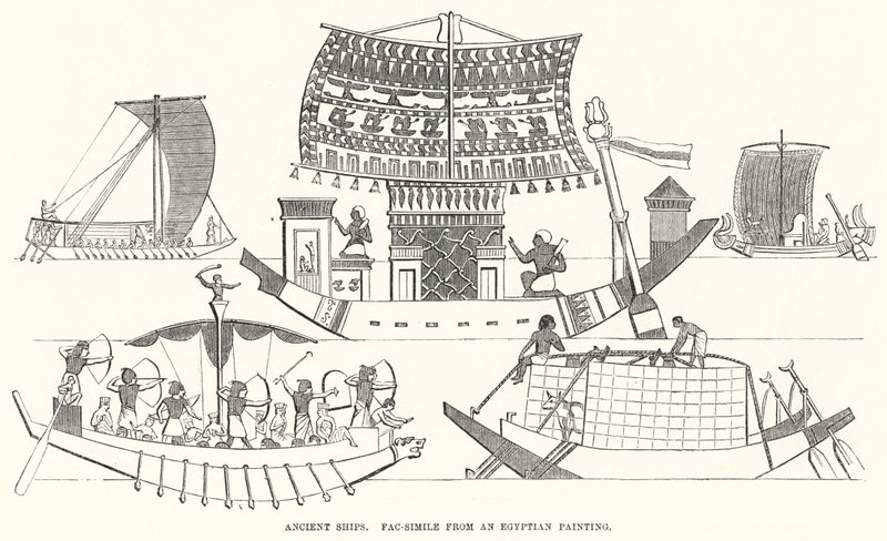 Starověké lodě, fac-simile z egyptské malby (rytina) od English School