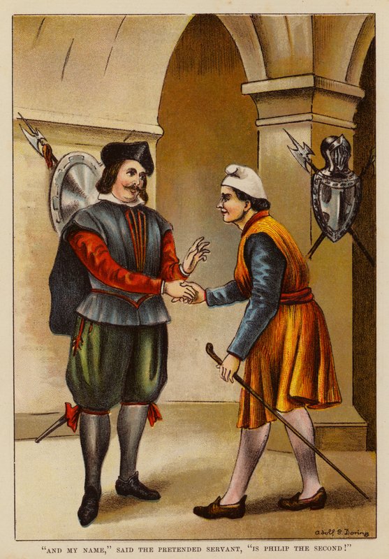 "A já se jmenuji," řekl předstíraný sluha, "Filip Druhý!" (barevná litografie) od English School