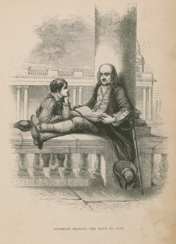 Anderson čte Jackovi Bibli; ilustrace z Poor Jack od Fredericka Marryata od English School