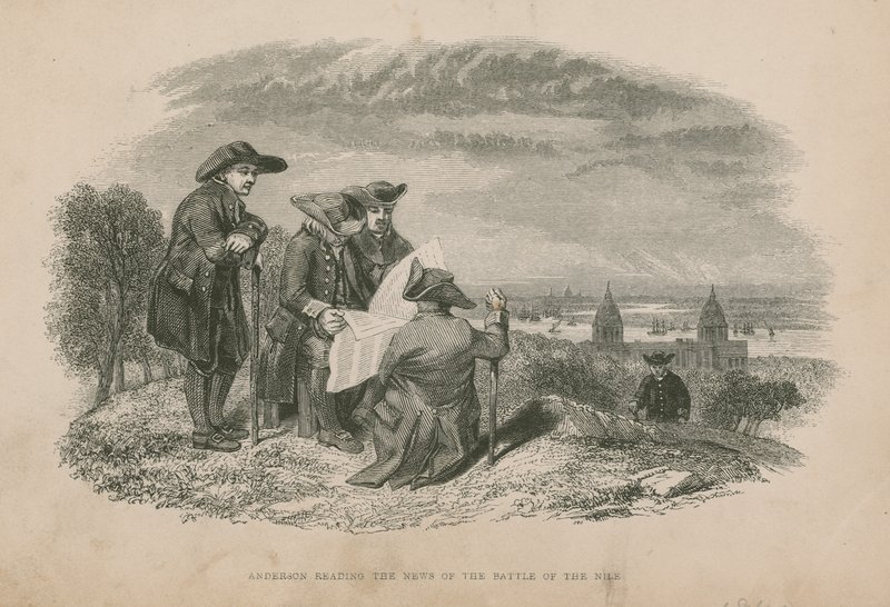 Anderson čte zprávy o bitvě na Nilu; ilustrace z Poor Jack od Fredericka Marryata od English School