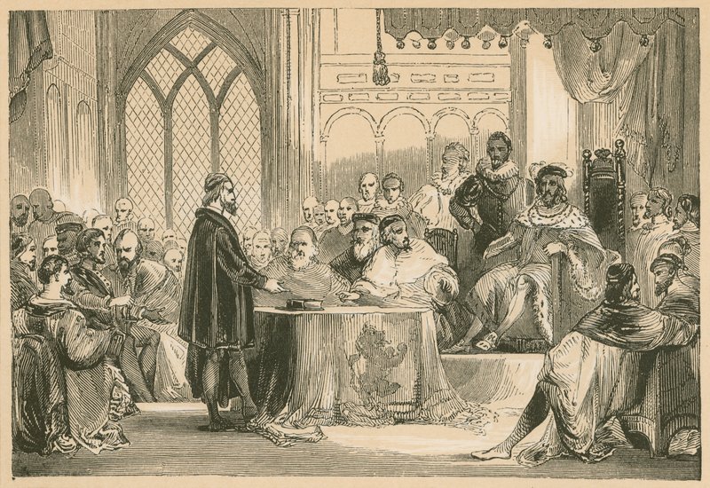Andrew Melville před Radou krále a tajných služeb od English School