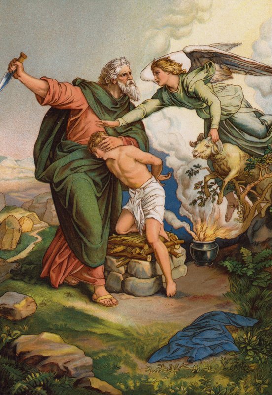 Anděl zasahující, aby zabránil Abrahamovi obětovat svého syna Izáka (chromolitho) od English School