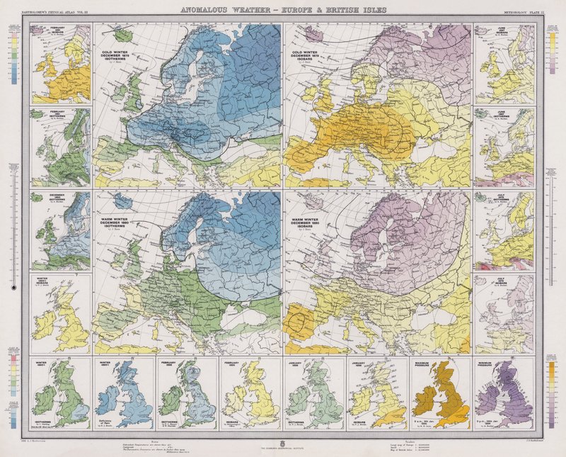 Anomální počasí, Evropa a Britské ostrovy (barevná litografie) od English School