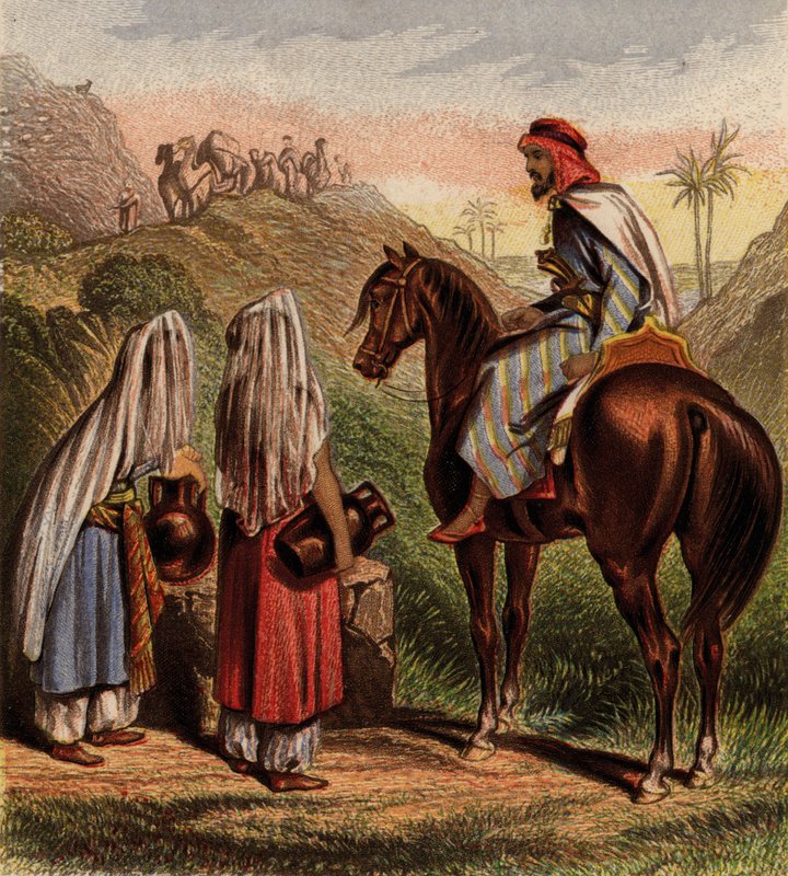 Arabové na koních a sbírání vody (chromolitho) od English School