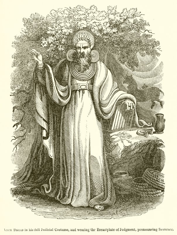 Arch Druid ve svém plném soudním kostýmu a na sobě má náprsní desku rozsudku, pronáší větu od English School