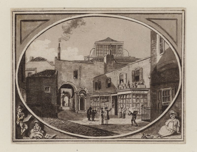 Archibald Roberton, prodejce tisků, ze Savill Row Passage, přilehlé aukční síně Squibs, kolem roku 1790 od English School