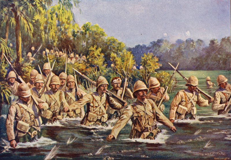 Argyll a Sutherland Highlanders překračují řeku Modder River od English School