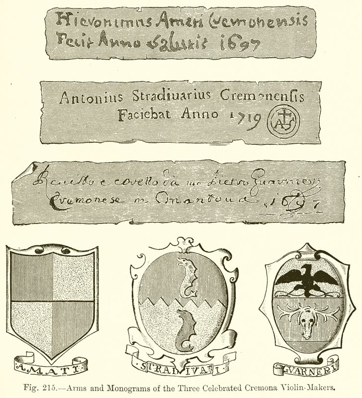 Paže a monogramy tří slavných cremonských houslařů od English School