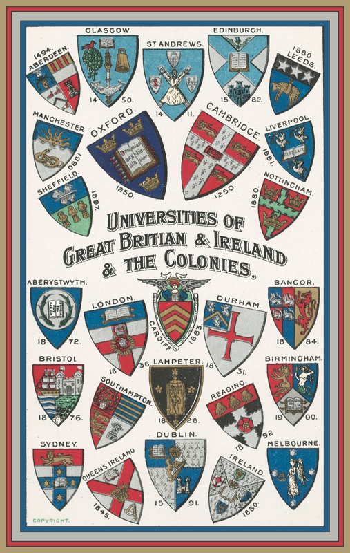 Zbraně univerzit Velké Británie a Irska a kolonií (barevné lito) od English School