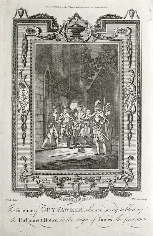 Zatčení Guye Fawkese za pokus vyhodit do povětří budovy parlamentu v spiknutí střelného prachu, 5. listopadu 1605 (rytina) od English School