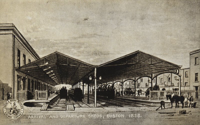 Příjezdové a odletové boudy, Euston 1838 od English School