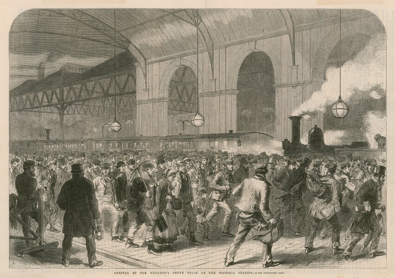 Příjezd vlaku s dělnickými penny na nádraží Victoria Station od English School