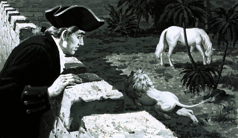 Umělec George Stubbs sledoval, jak se lev kradl k barbarskému koni (kvaš na papíře) od English School