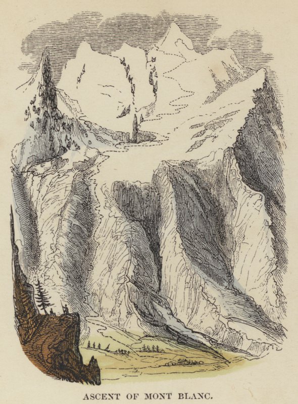 Výstup na Mont Blanc (barevná rytina) od English School
