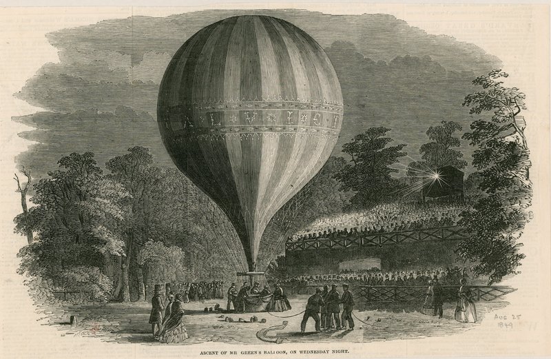 Výstup balónu Mr Greens ve středu večer; Vauxhall Gardens, Londýn od English School