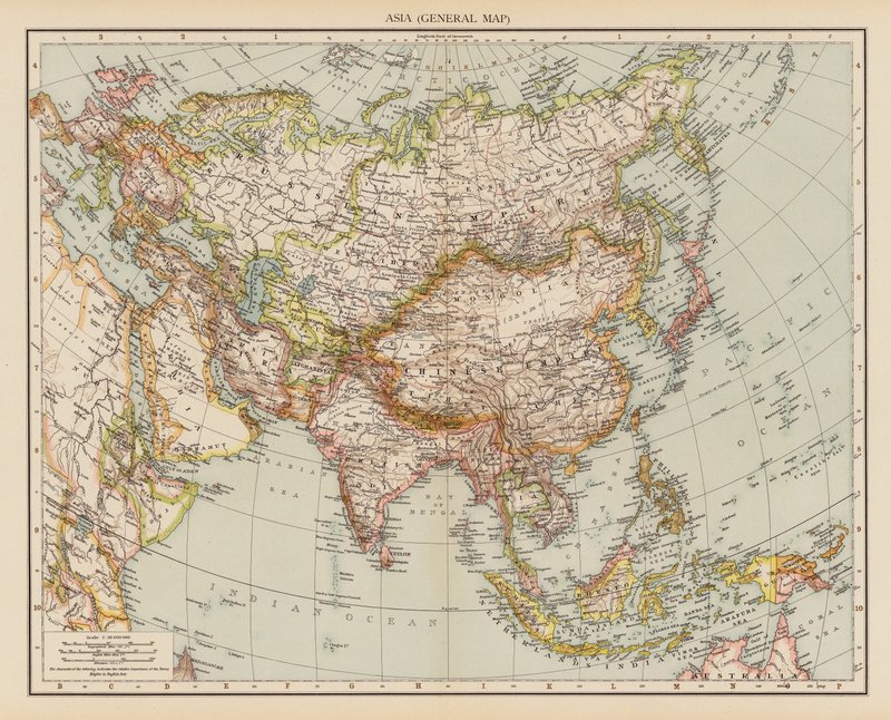 Asie, Všeobecná mapa (barevná litografie) od English School