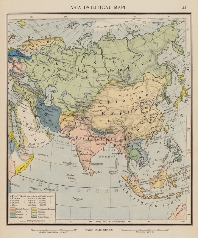 Asie, politická mapa (barevná litografie) od English School
