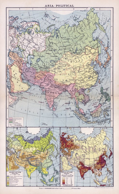 Asie, politické (barevná litografie) od English School