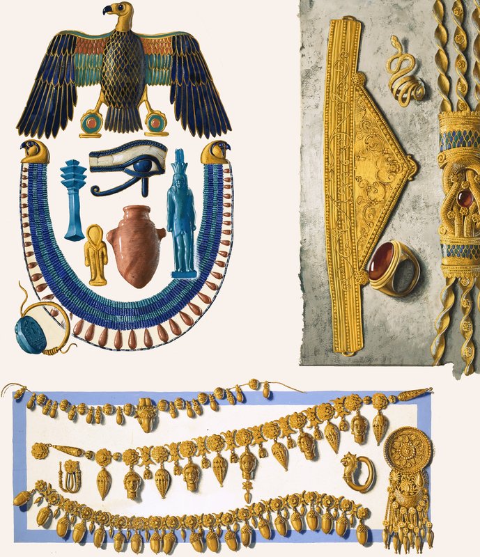 Různé neidentifikované egyptské šperky od English School