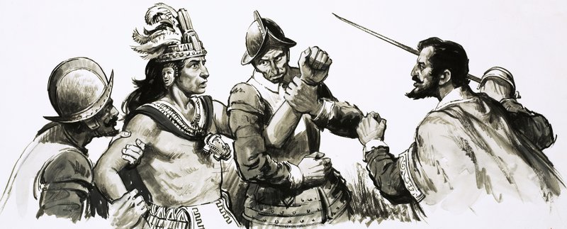 Atahualpa, bůh-král Inků, se přátelsky setkal s invazními Španěly od English School