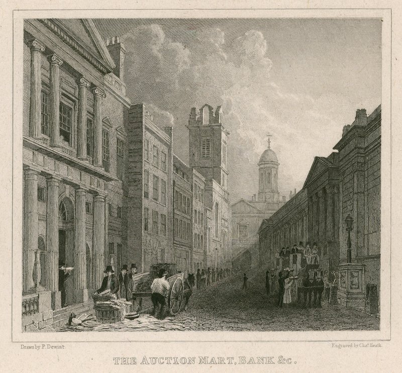 Aukční trh, St Bartholomews Lane, Londýn a Banka od English School