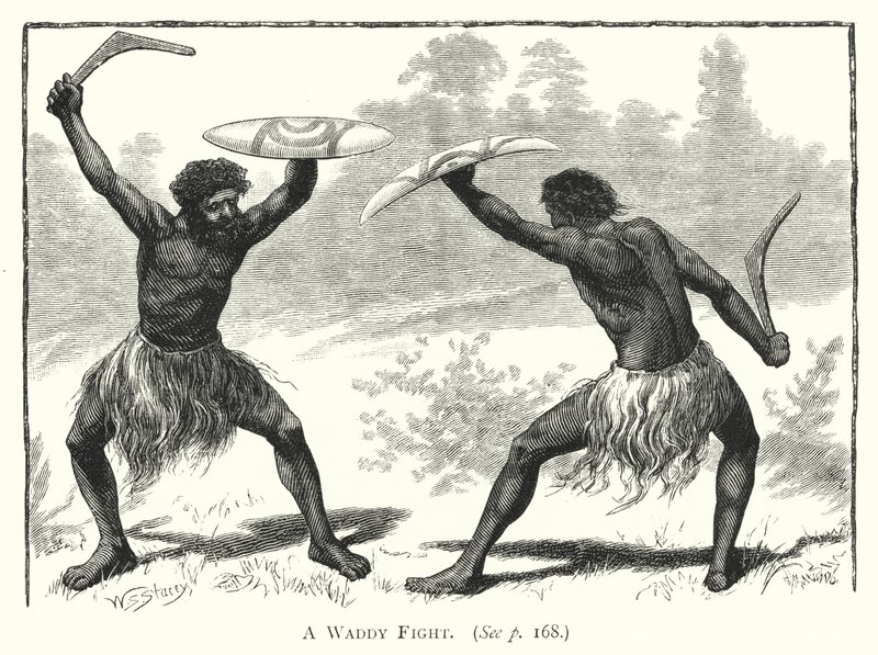 Austrálie: Waddy Fight (rytina) od English School