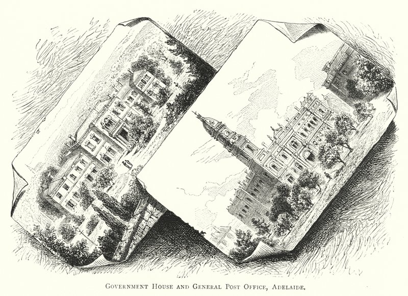 Austrálie: Government House a General Post Office, Adelaide (rytina) od English School