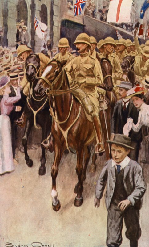 Australský kontingent odjíždí ze Sydney do Jižní Afriky (barevná litografie) od English School