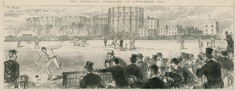 Australští hráči kriketu na Kennington Oval: Lord Harris (kapitán anglického týmu) zachraňuje 4 od English School