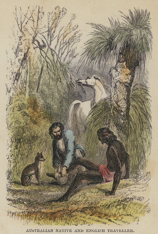 Australský domorodec a anglický cestovatel (barevné rytí) od English School