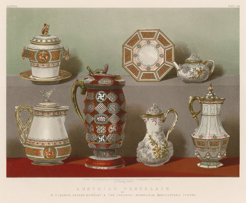Rakouský porcelán od M Fischera, Herend, Maďarsko a The Imperial Porcelain Manufactory, Vídeň od English School