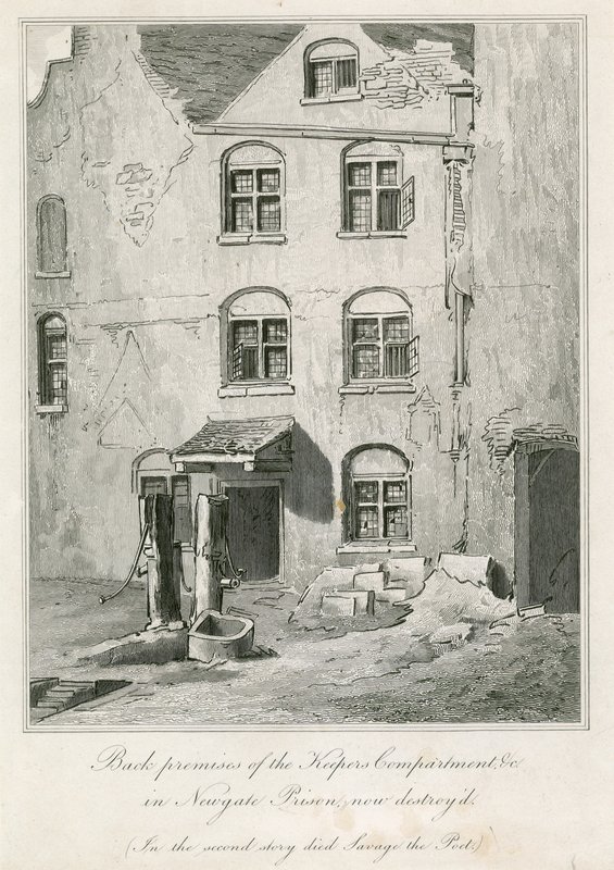 Zadní prostory oddělení chovatelů ve věznici Newgate. Ve druhém příběhu zemřel básník Richard Savage od English School