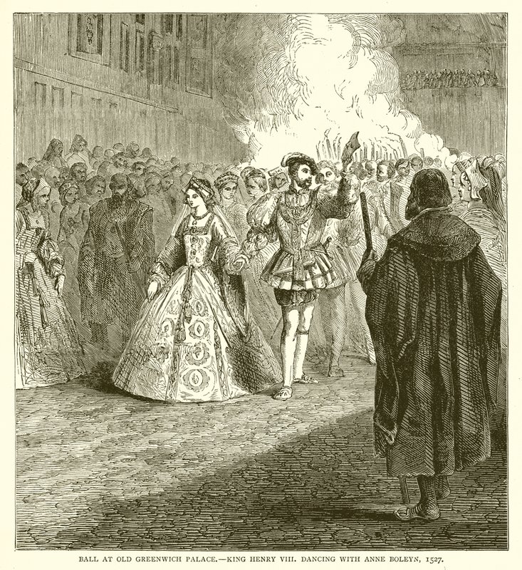 Ples ve Starém Greenwichském paláci. Tančící král Jindřich VIII s Annou Boleynovou, 1527 od English School