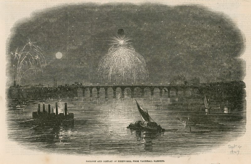Balón a přehlídka ohňostrojů, Vauxhall Gardens, Londýn od English School