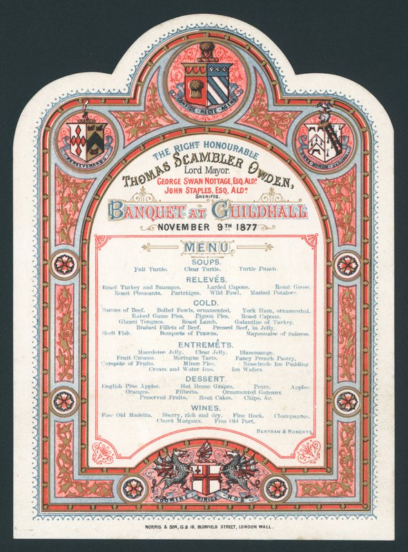 Banket v Guildhall, 9. listopadu 1877, menu od English School