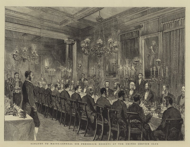 Banket pro generálmajora Sira Fredericka Robertse v United Service Club, ilustrace pro The Graphic, 4. prosince 1880, od English School