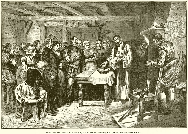Křest Virginie, prvního bílého dítěte narozeného v Americe od English School