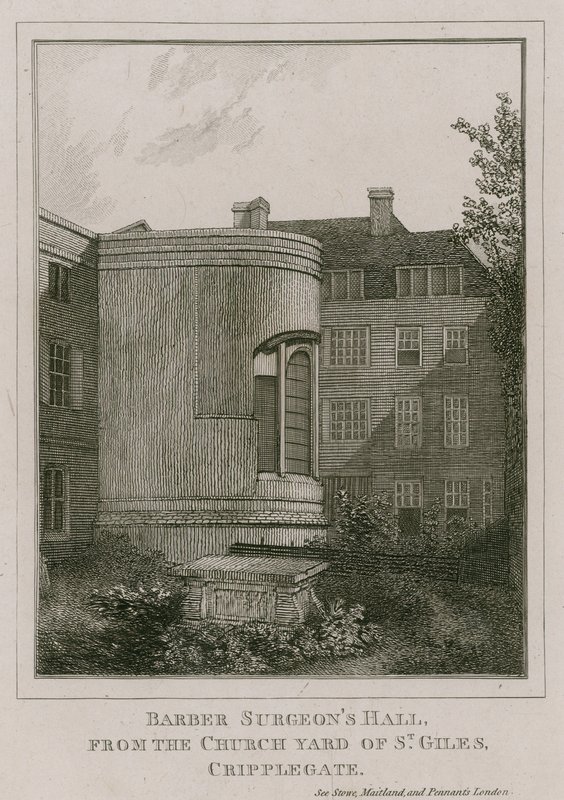 Barber Surgeons Hall, Monkwell Street, Londýn, při pohledu z nádvoří kostela St Giles, Cripplegate od English School